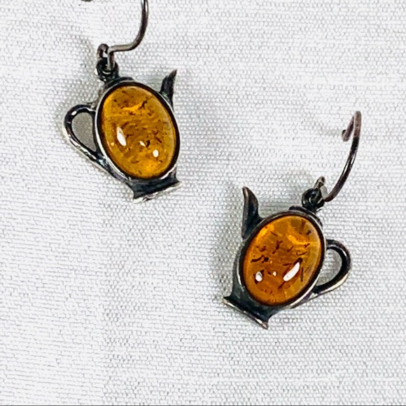 Amber teapot dangle sterling earrings - Picture 8 of 9